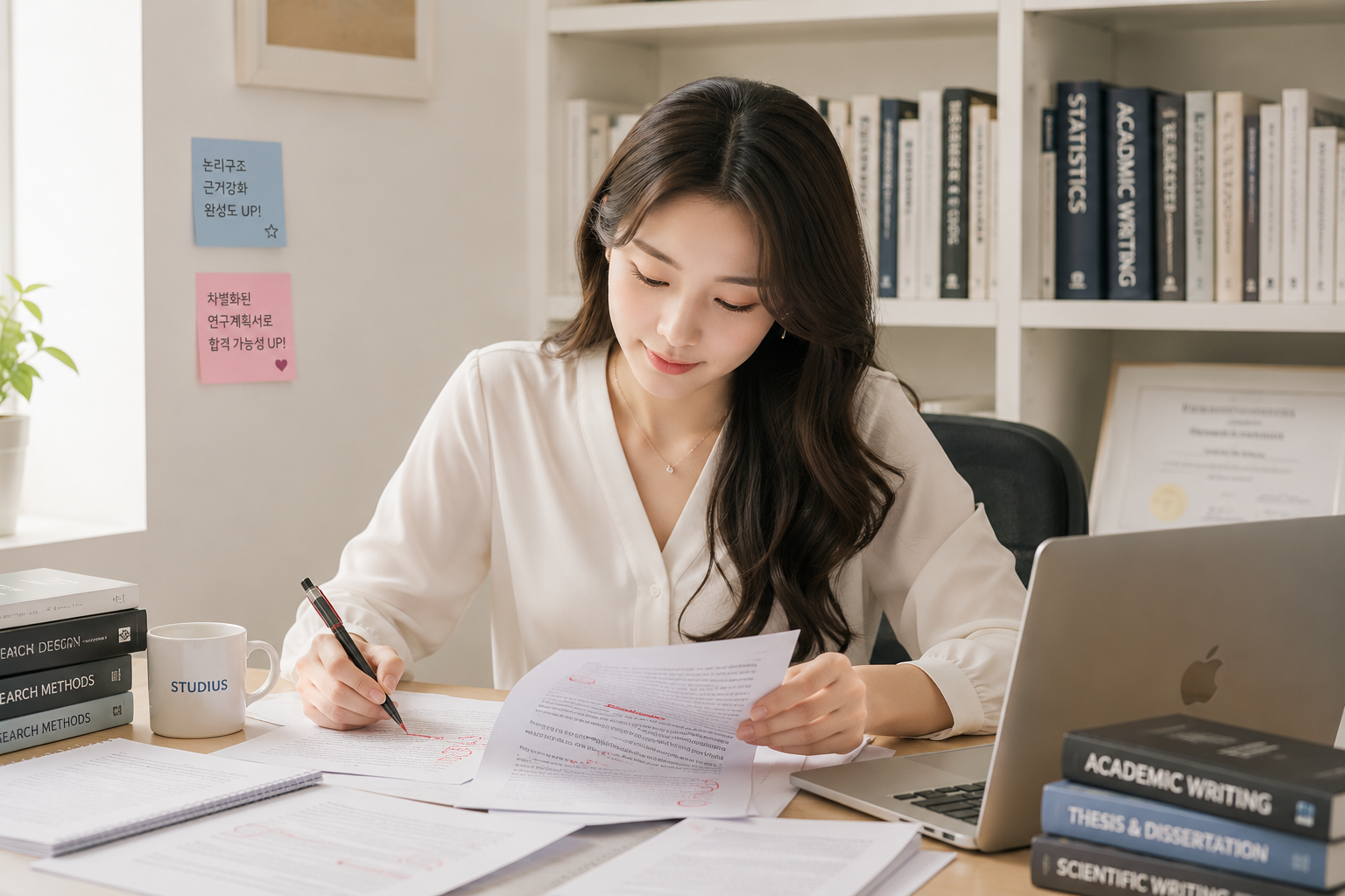 대학원 연구계획서와 학업계획서를 검토하는 스터디어스 코칭 이미지