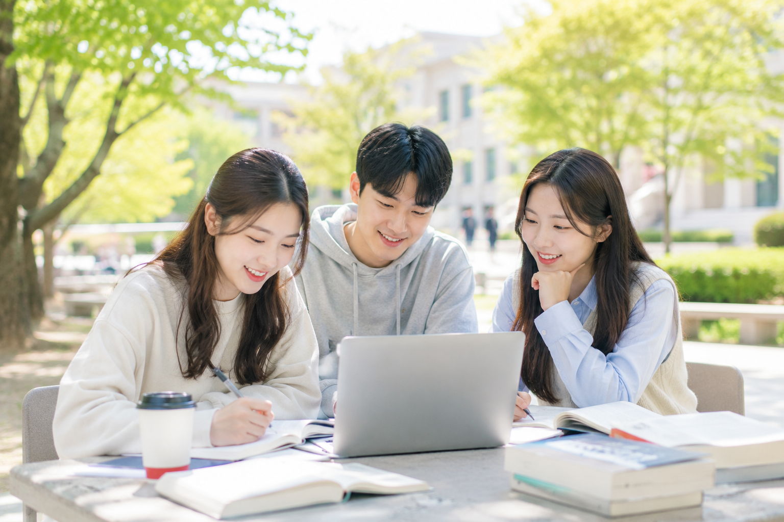 대학 캠퍼스에서 학업을 준비하는 학생들