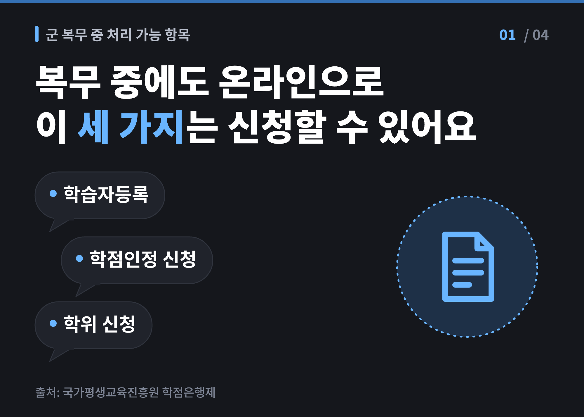 군 복무 중 학점은행제 - 복무 중 학점은행제 처리 가능 항목 세 가지: 학습자등록, 학점인정 신청, 학위 신청
